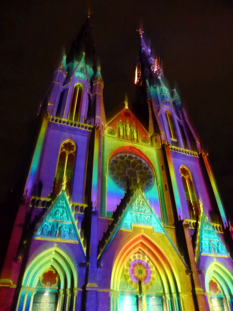 Facade of the St. Catharina Church at the Catharinaplein square during the GLOW festival, by night