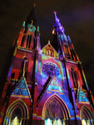 Facade of the St. Catharina Church at the Catharinaplein square during the GLOW festival, by night