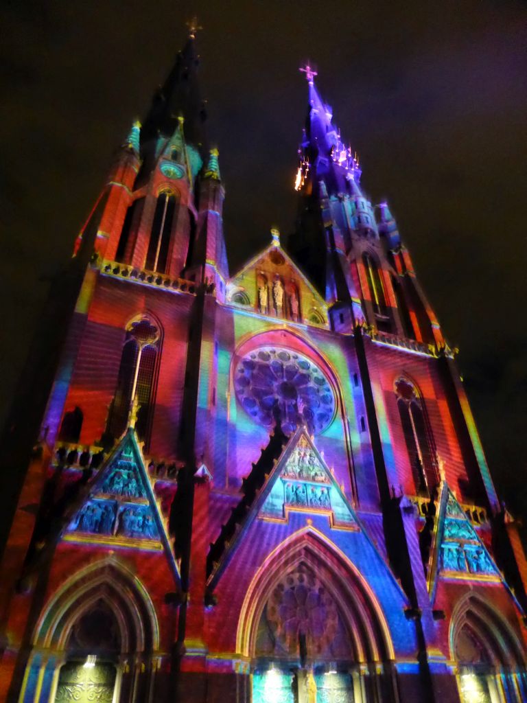 Facade of the St. Catharina Church at the Catharinaplein square during the GLOW festival, by night