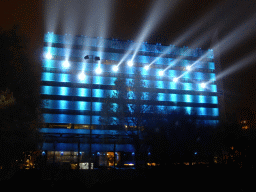 Light sculpture `Statemachine` on the DELA building during the GLOW festival, viewed from the Bleekweg street, by night