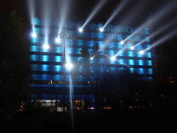 Light sculpture `Statemachine` on the DELA building during the GLOW festival, viewed from the Bleekweg street, by night