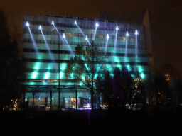 Light sculpture `Statemachine` on the DELA building during the GLOW festival, viewed from the Bleekweg street, by night