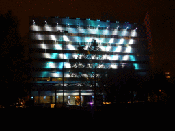 Light sculpture `Statemachine` on the DELA building during the GLOW festival, viewed from the Bleekweg street, by night