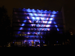 Light sculpture `Statemachine` on the DELA building during the GLOW festival, viewed from the Bleekweg street, by night