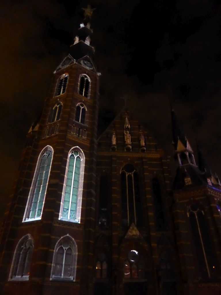 Facade of the Augustijnenkerk church at the Tramstraat street during the GLOW festival, by night