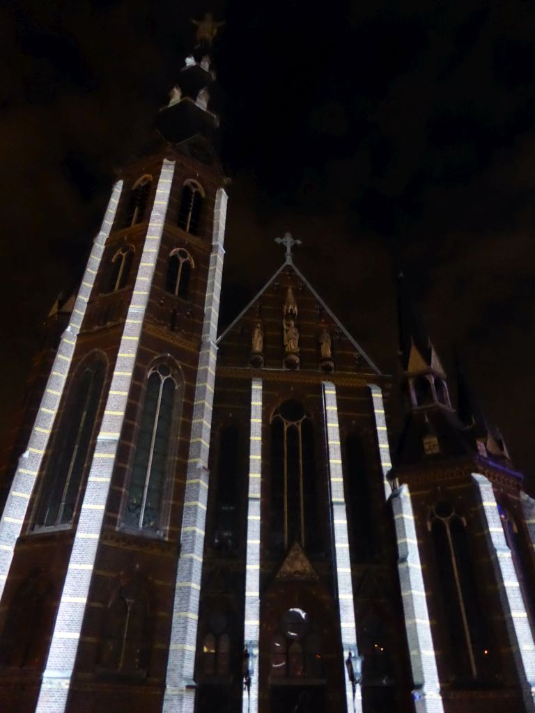 Facade of the Augustijnenkerk church at the Tramstraat street during the GLOW festival, by night