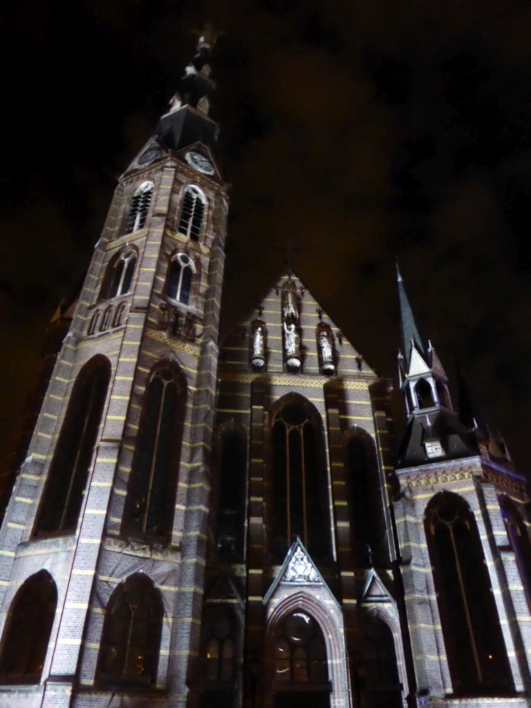 Facade of the Augustijnenkerk church at the Tramstraat street during the GLOW festival, by night