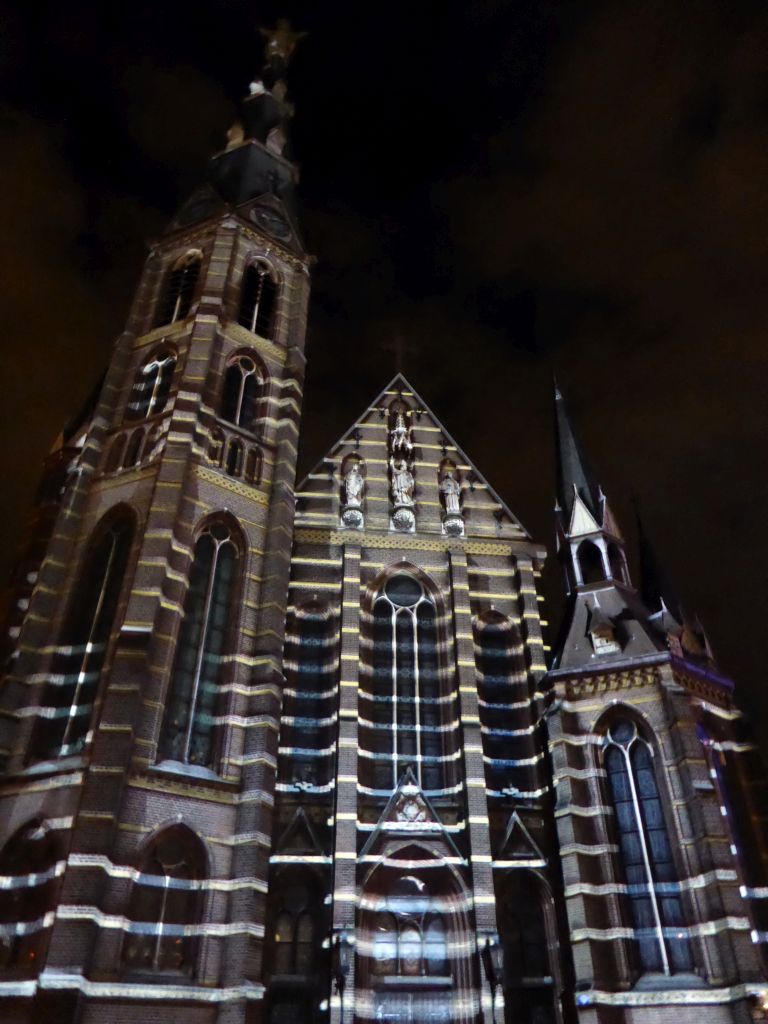 Facade of the Augustijnenkerk church at the Tramstraat street during the GLOW festival, by night