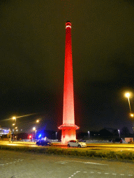 Tower in red light at the Philitelaan street during the GLOW-NEXT festival, by night