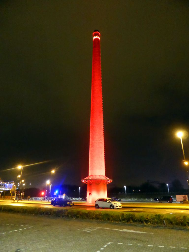 Tower in red light at the Philitelaan street during the GLOW-NEXT festival, by night