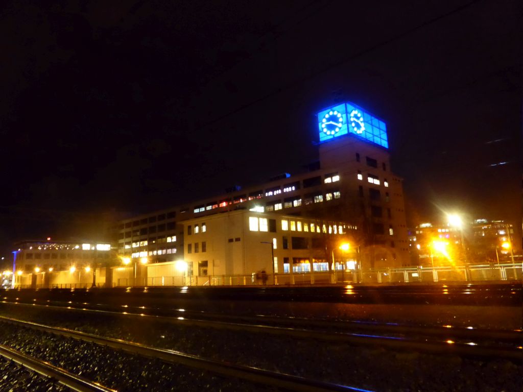 The Klokgebouw building, viewed from the Eindhoven Beukenlaan railway station, by night