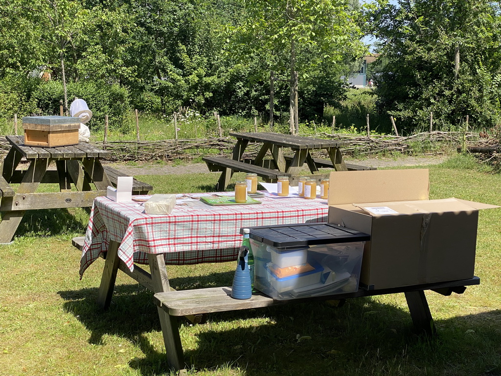 Tables with a beehive and honey in front of the Boerderij building at the High Tech Campus Eindhoven, during the High Tech Campus Eindhoven Open Day 2022