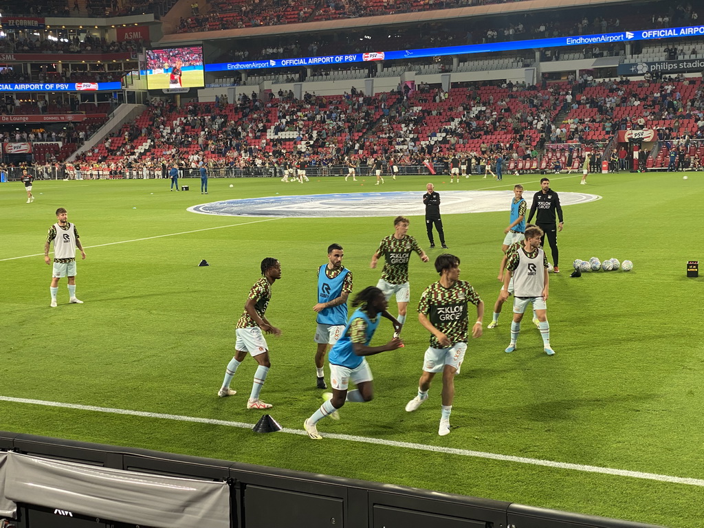 NEC players on the pitch at the Philips Stadium, viewed from the Eretribune Noord grandstand, just before the football match PSV - NEC