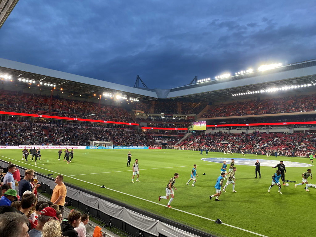 Players on the pitch at the Philips Stadium, viewed from the Eretribune Noord grandstand, just before the football match PSV - NEC