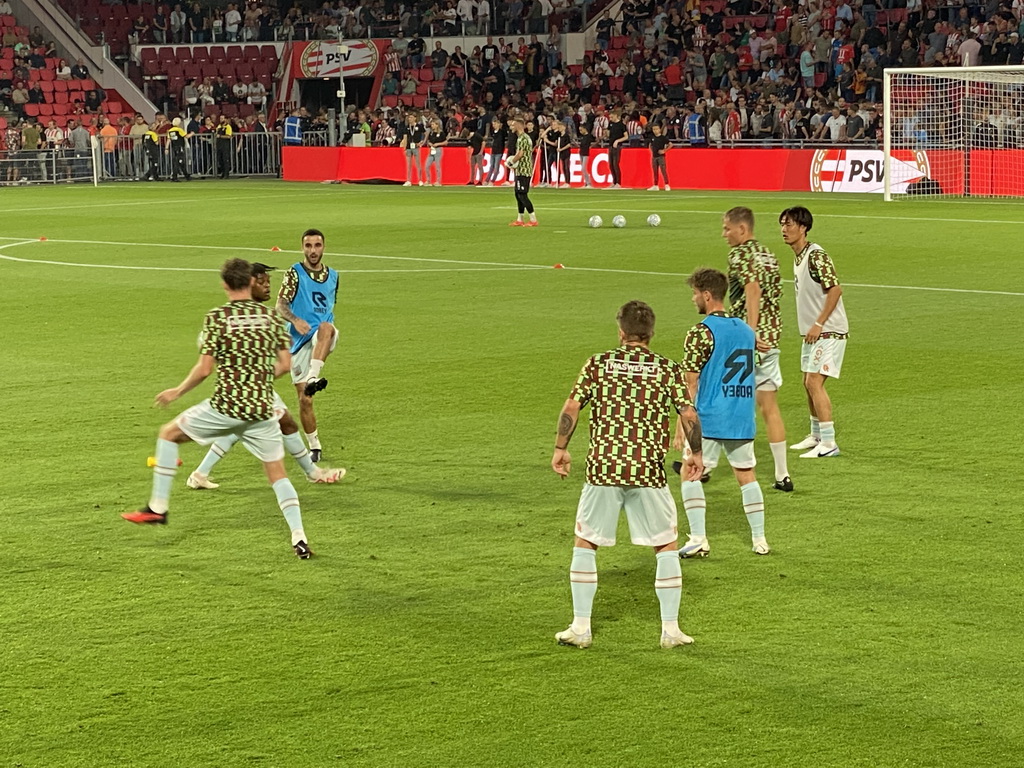 NEC players on the pitch at the Philips Stadium, viewed from the Eretribune Noord grandstand, just before the football match PSV - NEC