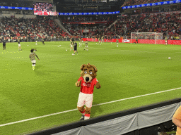 PSV mascot and NEC players on the pitch at the Philips Stadium, viewed from the Eretribune Noord grandstand, just before the football match PSV - NEC