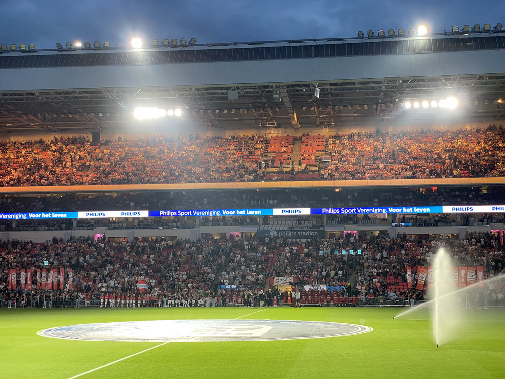 Philips CEO Roy Jakobs receiving an award for the longest sponsorship of the world on the pitch at the Philips Stadium, viewed from the Eretribune Noord grandstand, just before the football match PSV - NEC
