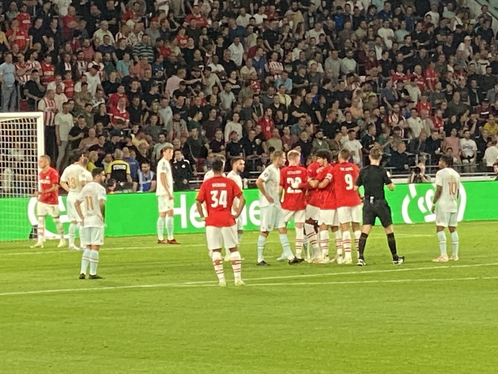 PSV taking a corner kick at the Philips Stadium, viewed from the Eretribune Noord grandstand, during the football match PSV - NEC