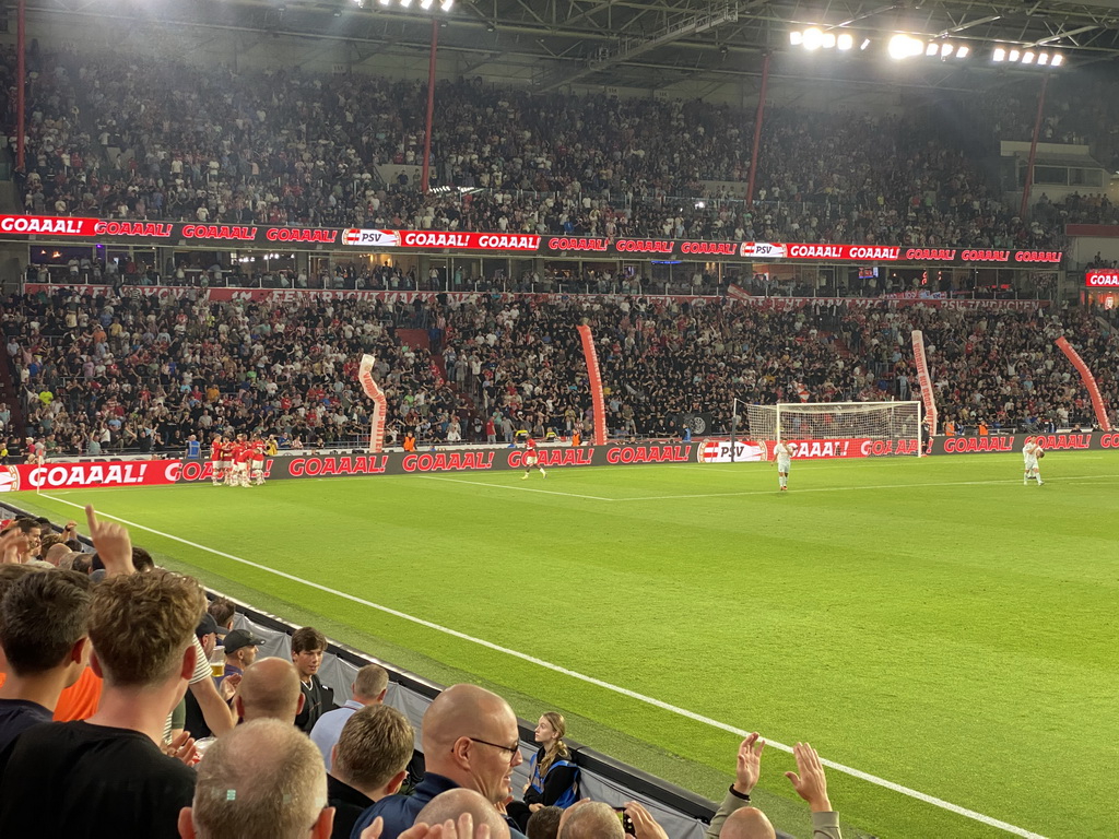 PSV celebrating a goal at the Philips Stadium, viewed from the Eretribune Noord grandstand, during the football match PSV - NEC