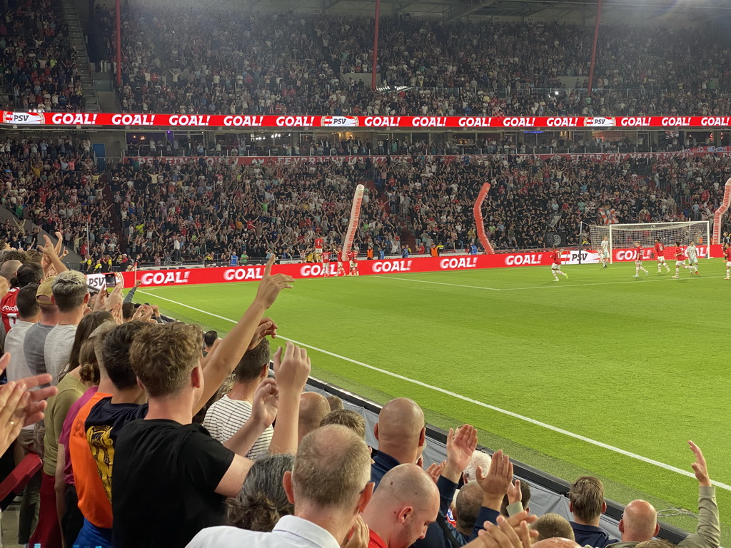 PSV celebrating a goal at the Philips Stadium, viewed from the Eretribune Noord grandstand, during the football match PSV - NEC