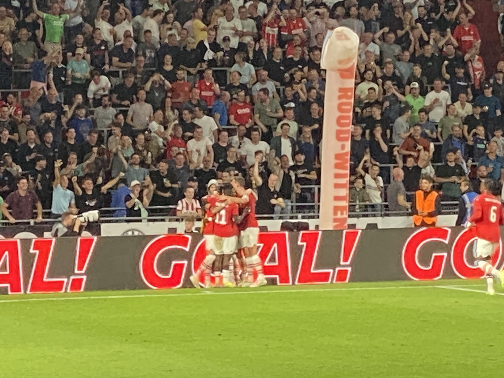 PSV celebrating a goal at the Philips Stadium, viewed from the Eretribune Noord grandstand, during the football match PSV - NEC