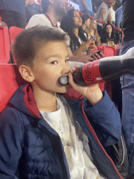 Max having a drink at the Eretribune Noord grandstand at the Philips Stadium, during halftime at the football match PSV - NEC