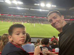 Tim and Max at the Eretribune Noord grandstand at the Philips Stadium, during halftime at the football match PSV - NEC