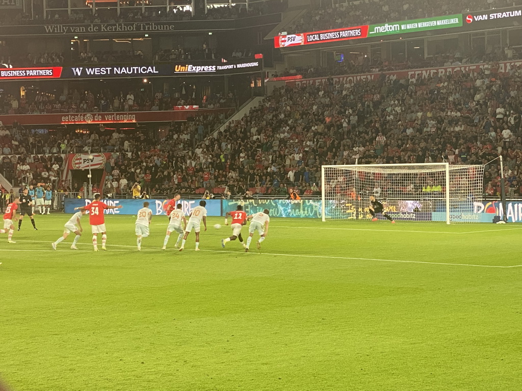 PSV taking a penalty kick at the Philips Stadium, viewed from the Eretribune Noord grandstand, during the football match PSV - NEC