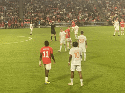 PSV player Noa Lang being substituted by Hirving Lozano at the Philips Stadium, viewed from the Eretribune Noord grandstand, during the football match PSV - NEC