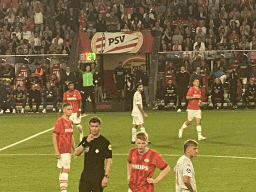PSV player Noa Lang being substituted by Hirving Lozano at the Philips Stadium, viewed from the Eretribune Noord grandstand, during the football match PSV - NEC