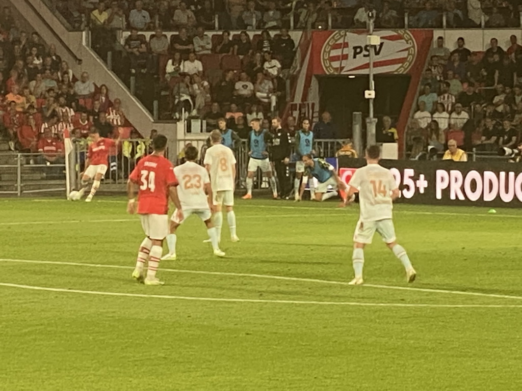 PSV taking a corner kick at the Philips Stadium, viewed from the Eretribune Noord grandstand, during the football match PSV - NEC