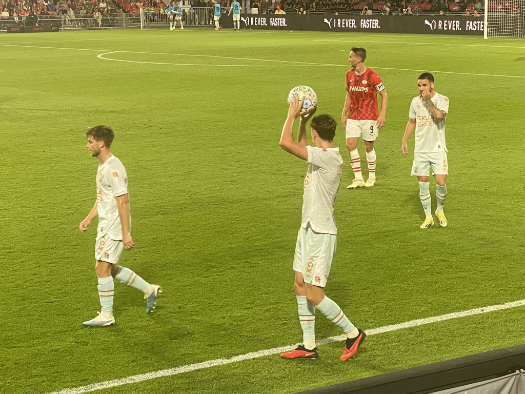 NEC throwing in at the Philips Stadium, viewed from the Eretribune Noord grandstand, during the football match PSV - NEC