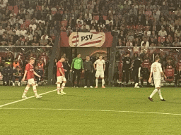 NEC players Koki Ogawa and Lasse Schöne being substituted by Bas Dost and Mees Hoedemakers at the Philips Stadium, viewed from the Eretribune Noord grandstand, during the football match PSV - NEC