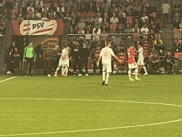 NEC players Koki Ogawa and Lasse Schöne being substituted by Bas Dost and Mees Hoedemakers at the Philips Stadium, viewed from the Eretribune Noord grandstand, during the football match PSV - NEC