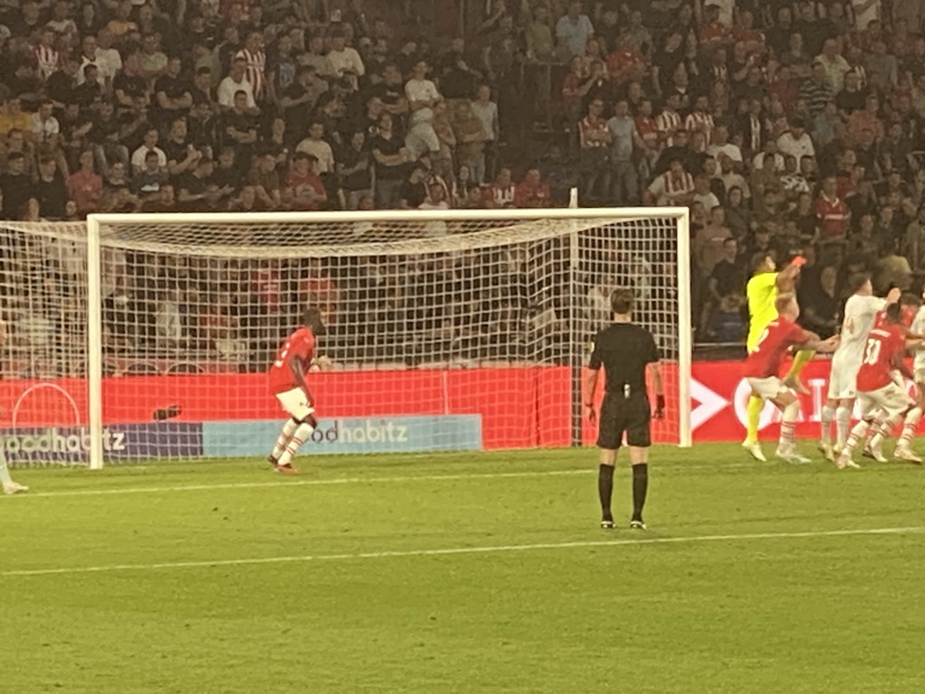 NEC taking a corner kick at the Philips Stadium, viewed from the Eretribune Noord grandstand, during the football match PSV - NEC