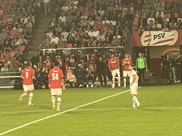 PSV players Luuk de Jong and Ismael Saibari being substituted by Ricardo Pepi and Guus Til at the Philips Stadium, viewed from the Eretribune Noord grandstand, during the football match PSV - NEC