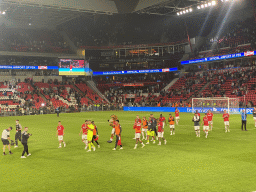 PSV players on the pitch thanking the crowd at the Philips Stadium, viewed from the Eretribune Noord grandstand, right after the football match PSV - NEC
