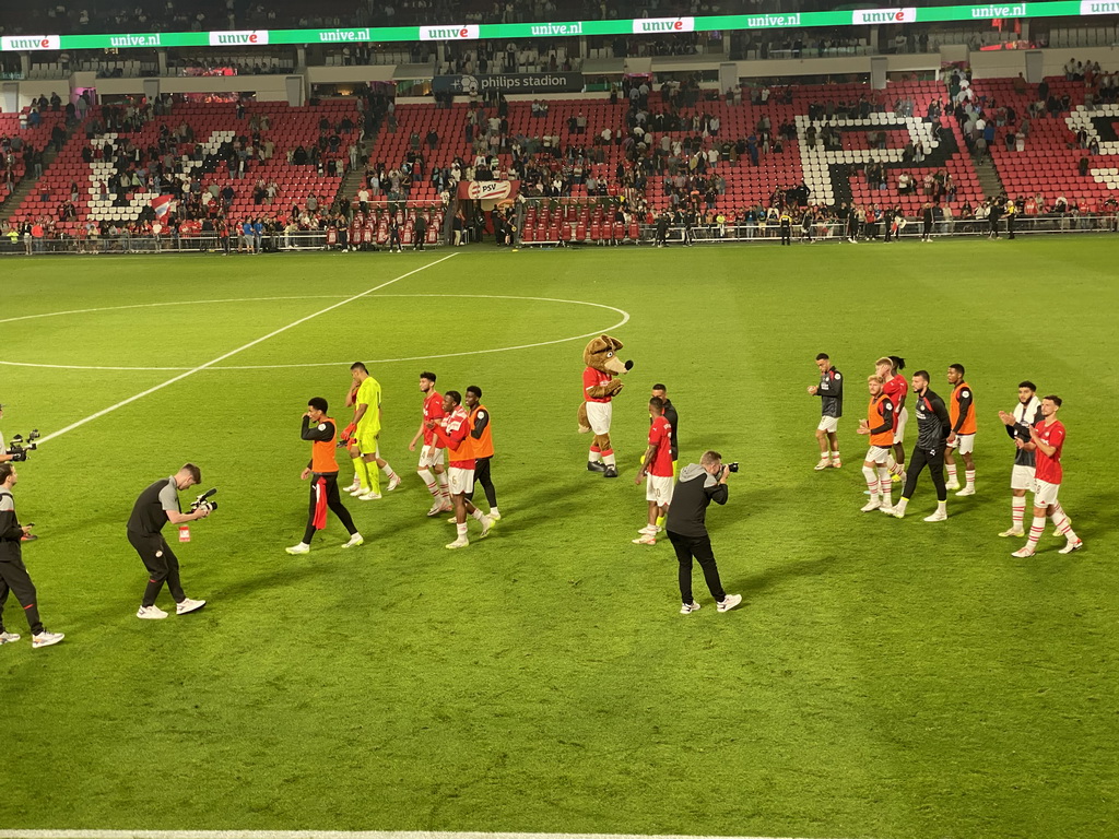 PSV players on the pitch thanking the crowd at the Philips Stadium, viewed from the Eretribune Noord grandstand, right after the football match PSV - NEC