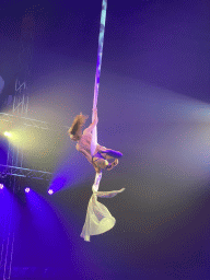 Circus artist at the Kerstcircus Etten-Leur, during the act `Singing Circus Fairytale in the Cloths - Alexandra Gerbey`