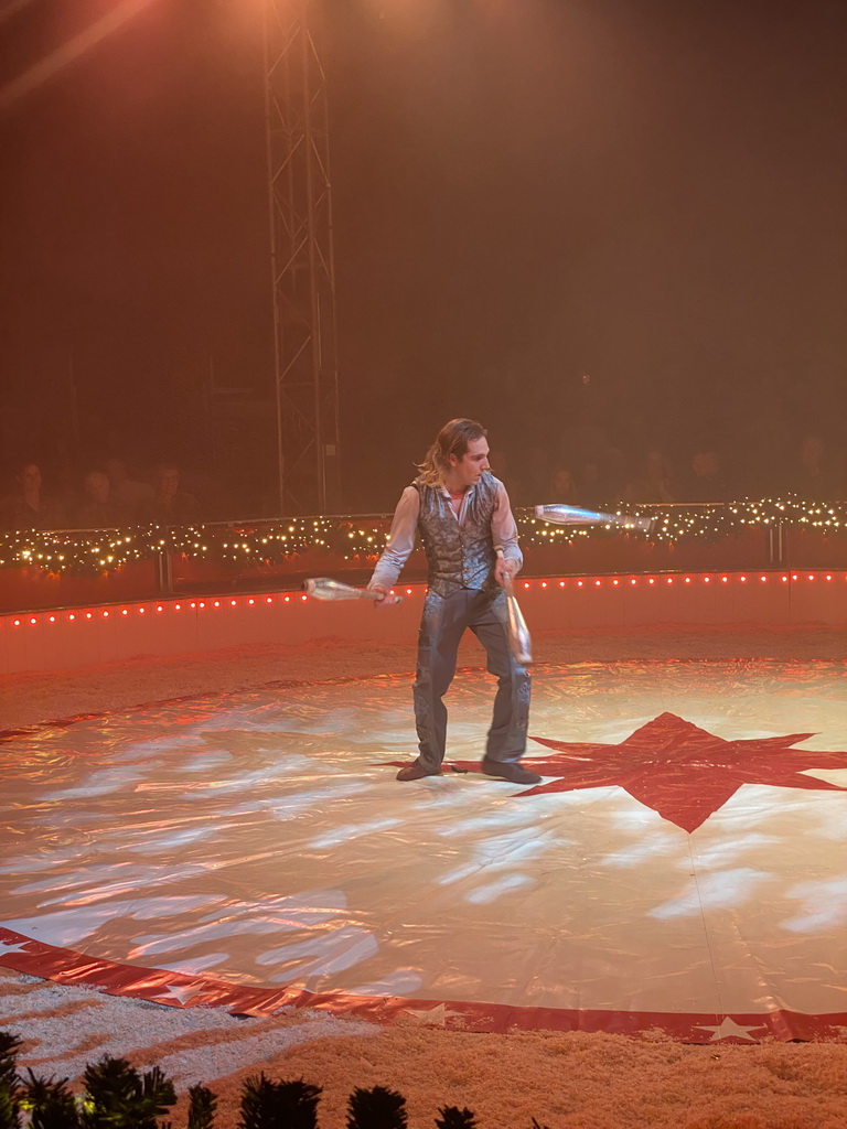 Circus artist at the Kerstcircus Etten-Leur, during the act `Top Class Tempo Juggler - Eric Muñoz`