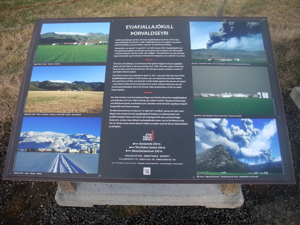 Photographs of the Þorvaldseyri farm and the Eyjafjallajökull volcano before, during and after the eruption of 2010, next to the Hringvegur road