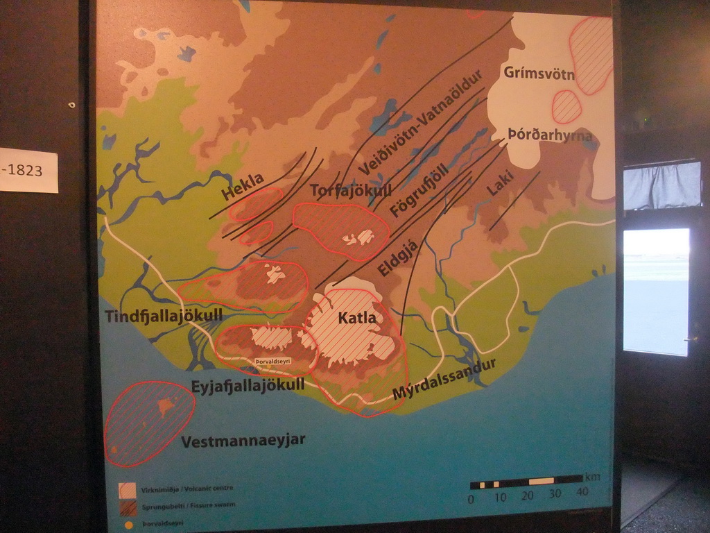 Map of the Eyjafjallajökull and Katla volcanoes and surroundings, at the Þorvaldseyri visitor centre