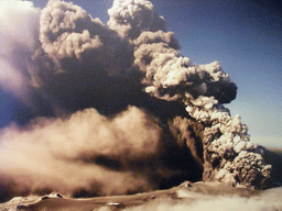 Photograph of the eruption of the Eyjafjallajökull volcano in 2010, at the Þorvaldseyri visitor centre