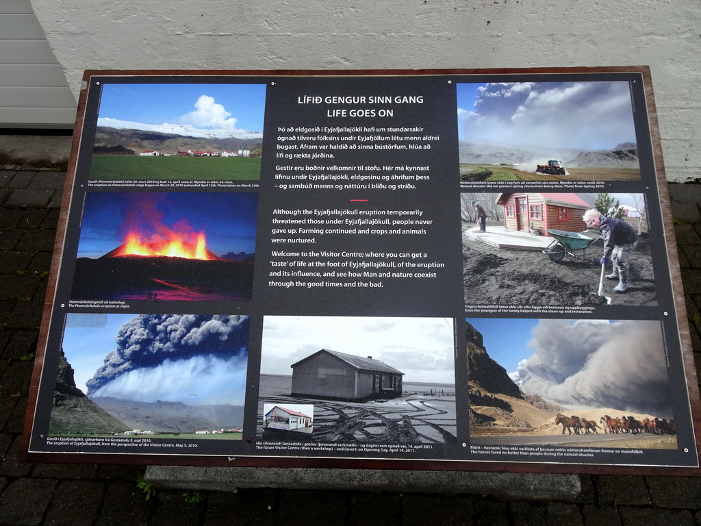 Photographs of the eruption of the Eyjafjallajökull volcano in 2010, in front of the Þorvaldseyri visitor centre