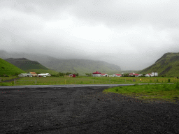 The Hringvegur road, the Nupakot farm, the Þorvaldseyri farm and the Eyjafjallajökull volcano, viewed from the parking lot of the Þorvaldseyri visitor centre