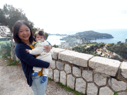 Miaomiao and Max at a a parking place along the Avenue Belle Vista road from Nice, with a view on the Cap-Ferrat peninsula with the town of Saint-Jean-Cap-Ferrat