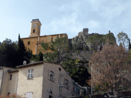 The Église Notre Dame de l`Assomption church and the Castle Ruins at the Jardin d`Èze botanical garden, viewed from the Place Charles de Gaulle square