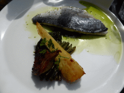 Fish and vegetables at the Restaurant Le Nid d`Aigle at the Rue du Château street