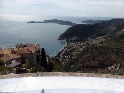 The town of Èze-sur-Mer, the Mont Boron hill and the Cap-Ferrat peninsula with the town of Saint-Jean-Cap-Ferrat, viewed from the castle ruins at the Jardin d`Èze botanical garden