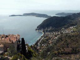 The town of Èze-sur-Mer, the Mont Boron hill and the Cap-Ferrat peninsula with the town of Saint-Jean-Cap-Ferrat, viewed from the castle ruins at the Jardin d`Èze botanical garden